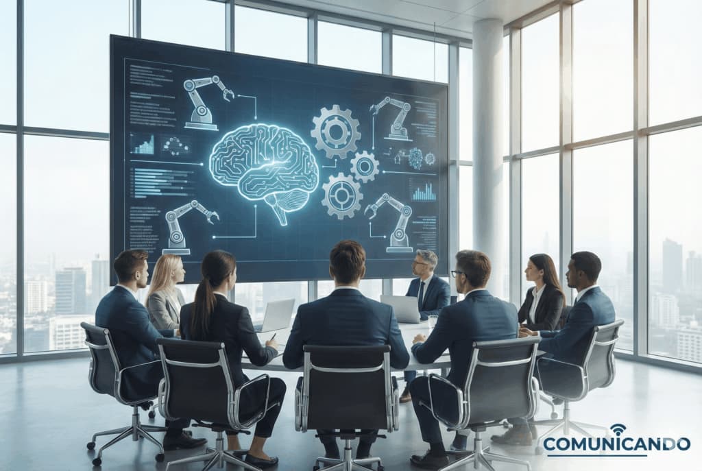 Intelligenza artificiale e automazione in azienda: manager osservano dashboard digitale, innovazione business 2026