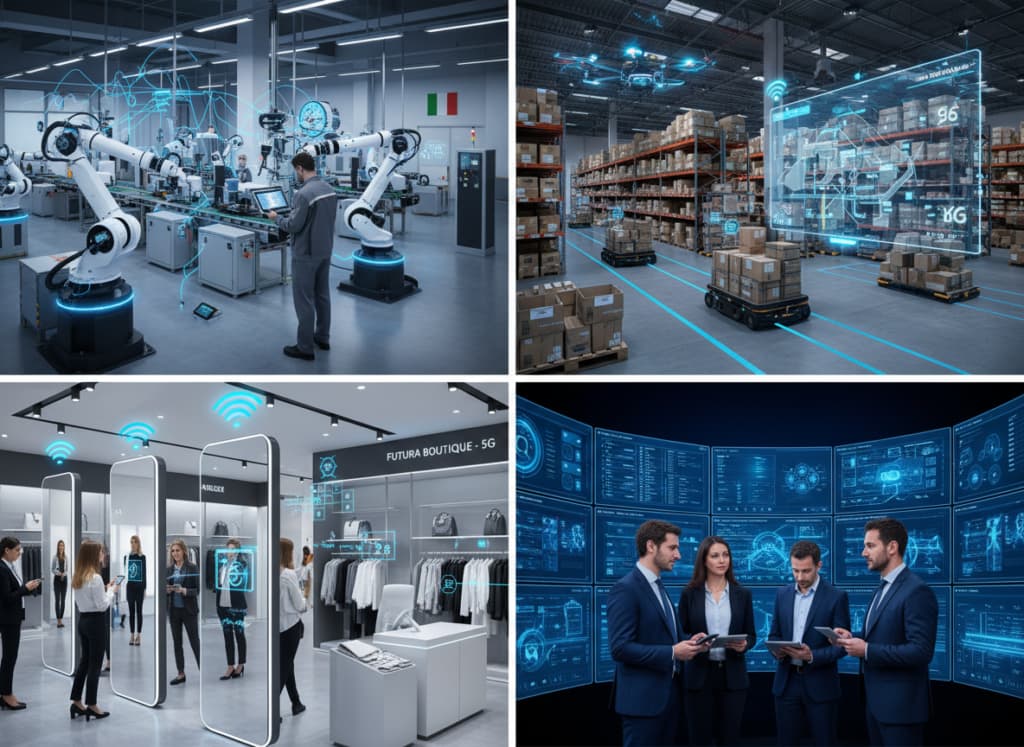 Casi d’uso concreti del 5G nelle imprese italiane: fabbrica moderna con robotica e sensori IoT, magazzino intelligente, negozio retail digitale, tecnici che monitorano dati su tablet.
