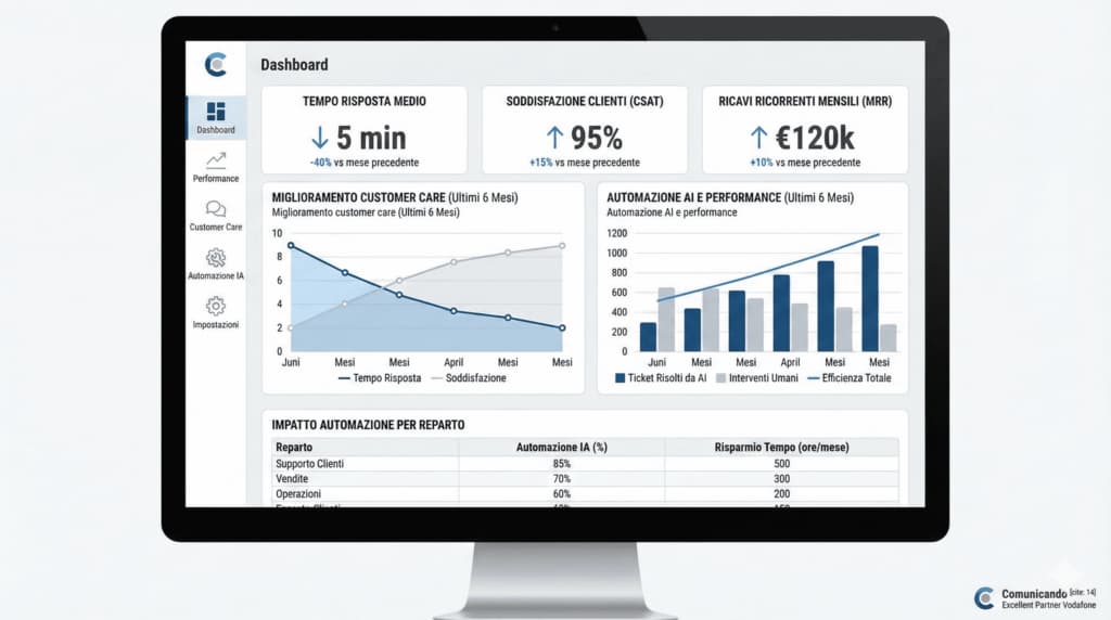 Dashboard aziendale con dati customer care e automazione AI, grafici di performance, logo Comunicando