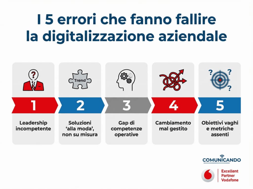 Infografica: i 5 errori più comuni nei progetti di digitalizzazione aziendale in Italia, con logo Comunicando.