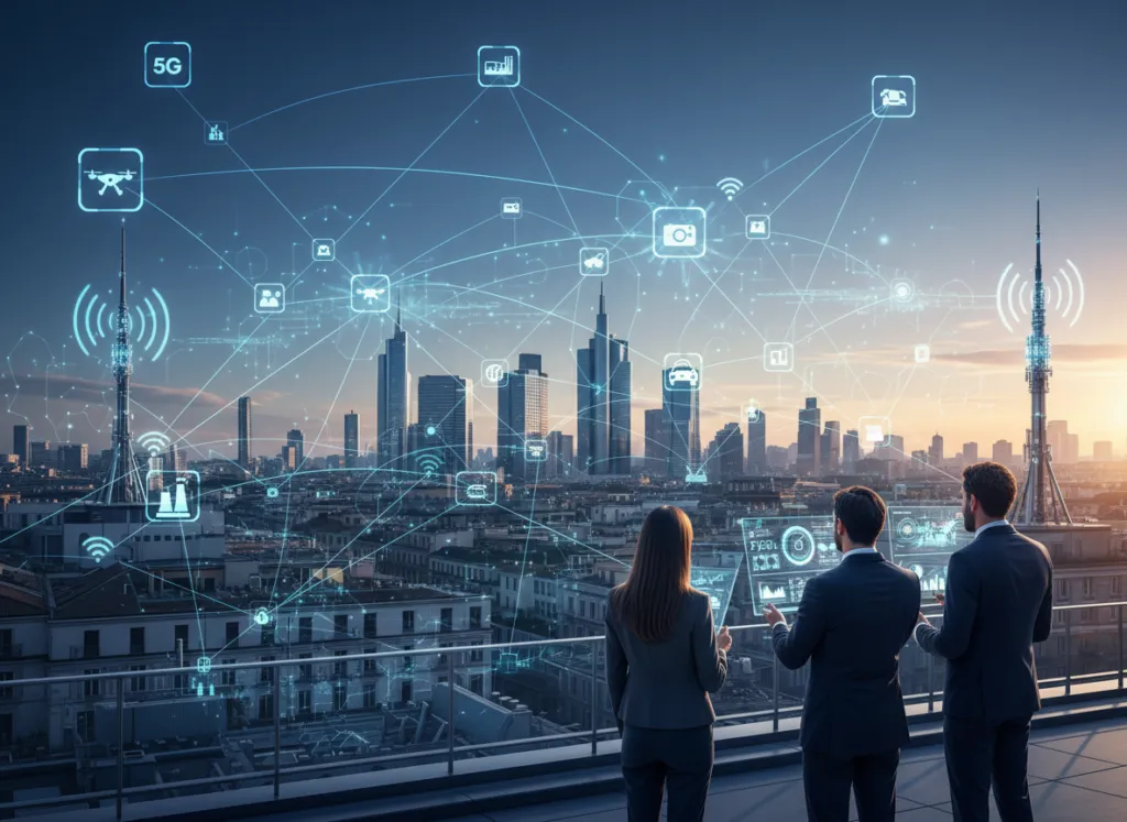 Skyline di una città italiana moderna con connessioni 5G, imprenditori e icone IoT che rappresentano l’innovazione digitale per le aziende nel 2026.