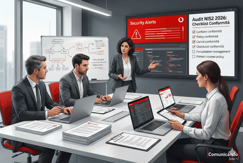 Audit NIS2 in azienda 2026: team e consulente cybersecurity durante ispezione policy, backup e procedure, Comunicando