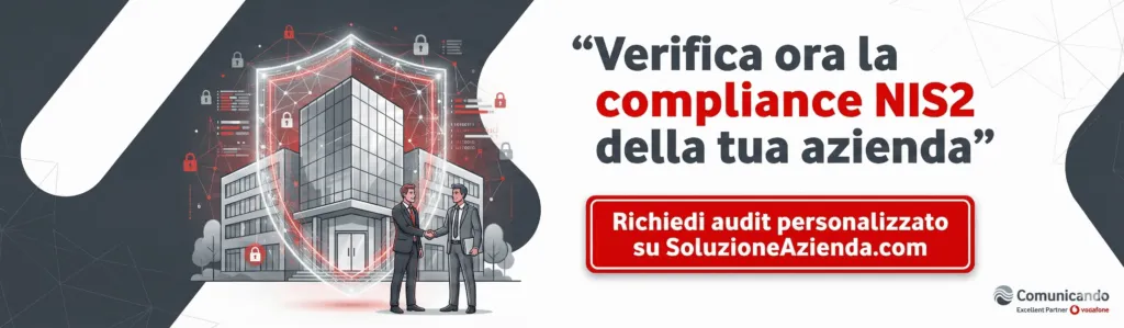 Banner CTA verifica compliance NIS2 azienda, scudo digitale, audit personalizzato, sicurezza, Comunicando