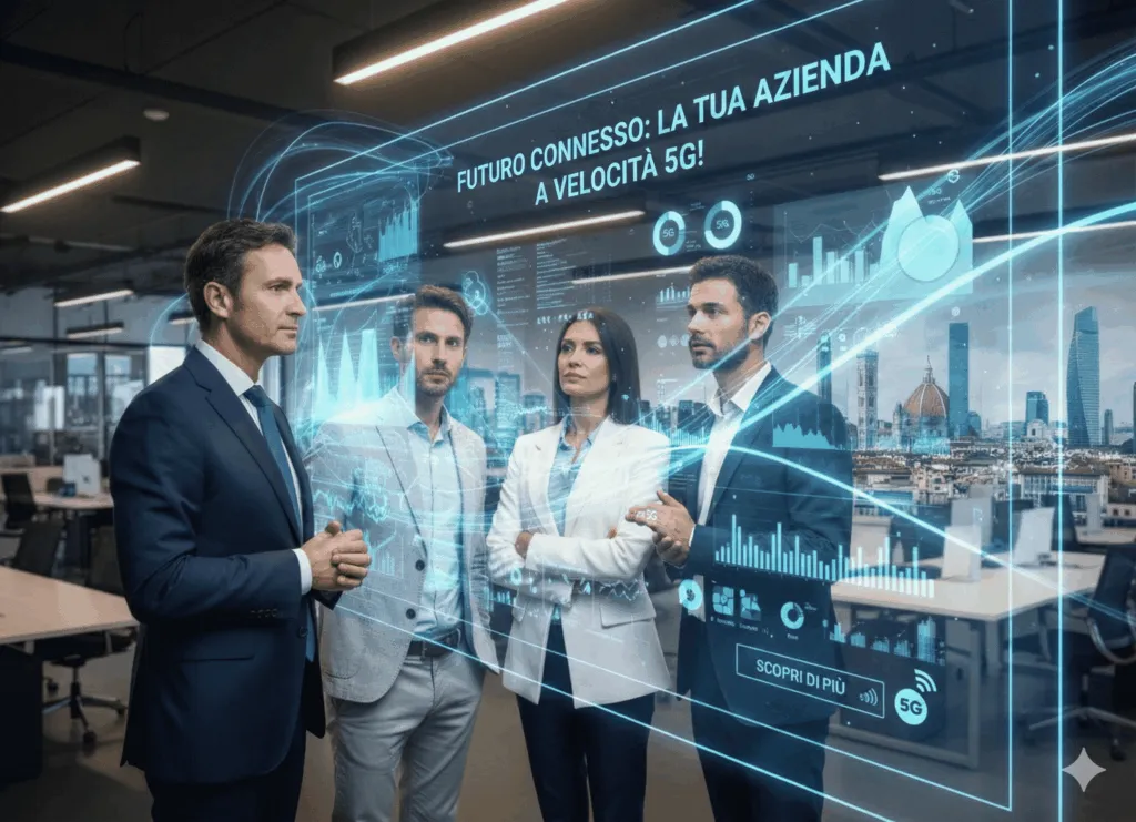 Manager italiano in un ufficio moderno osserva dati e grafici 5G su un grande schermo digitale, simbolo di decisione e innovazione aziendale verso il futuro del business.