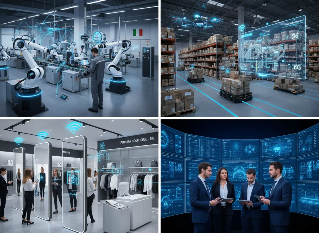 Casi d’uso concreti del 5G nelle imprese italiane: fabbrica moderna con robotica e sensori IoT, magazzino intelligente, negozio retail digitale, tecnici che monitorano dati su tablet.