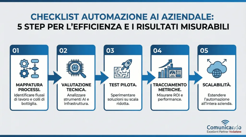 Infografica checklist automazione AI per aziende, cinque step con icone, logo Comunicando