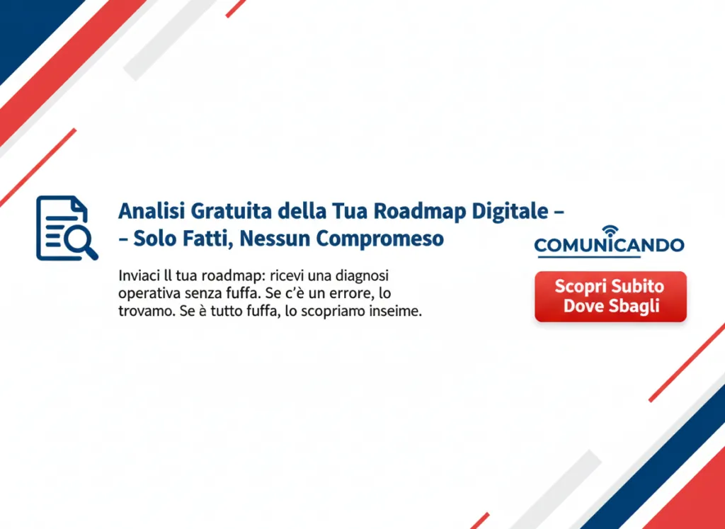 Banner CTA orizzontale: “Analisi Gratuita della Tua Roadmap Digitale – Solo Fatti, Nessun Compromesso”. Pulsante “Scopri Subito Dove Sbagli”, logo Comunicando.