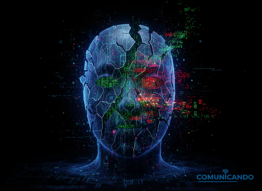 Hero image: maschera digitale incrinata, dati caotici e segnali di errore, logo Comunicando. Tema digitalizzazione fake e flop aziendali in Italia.