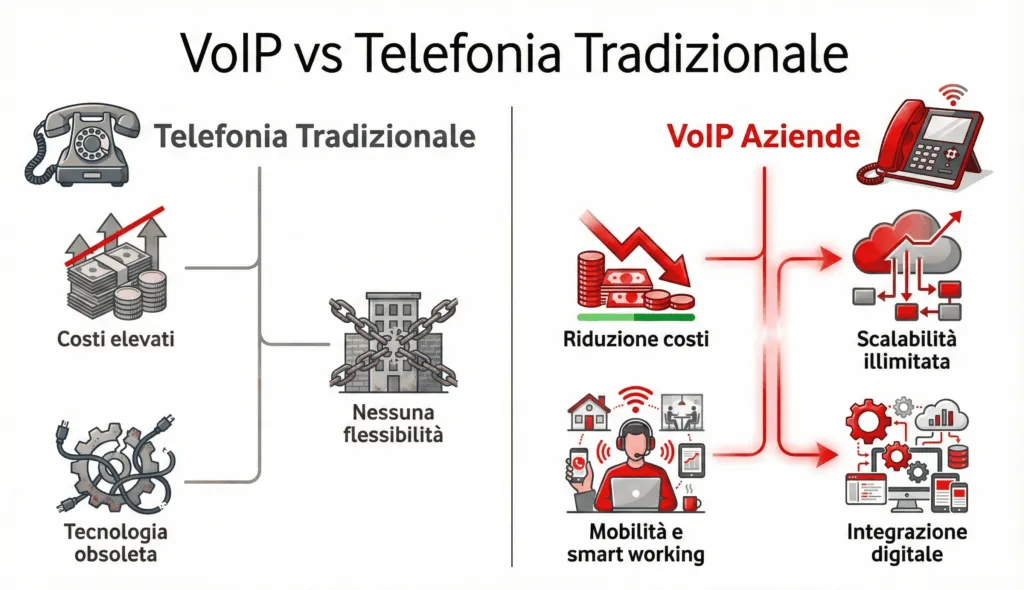 Infografica comparativa tra VoIP aziendale e telefonia tradizionale: vantaggi, limiti, costi, flessibilità, tecnologia, Vodafone e Comunicando