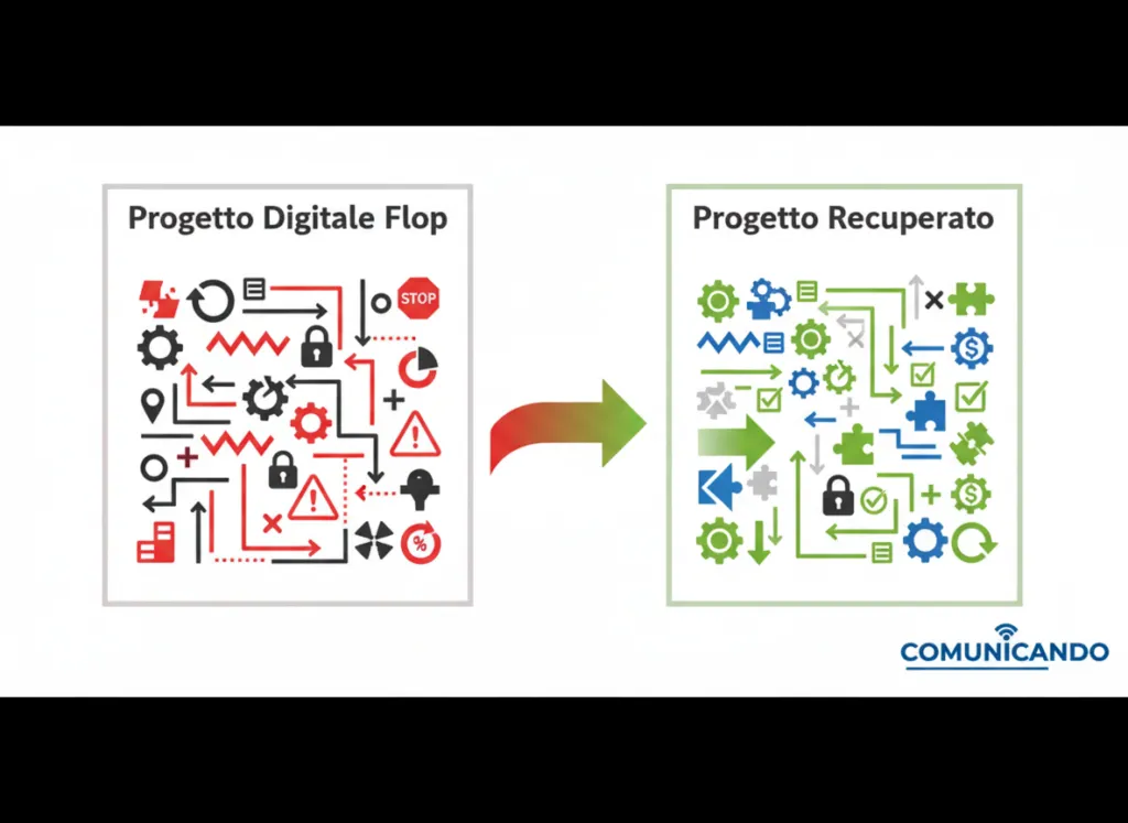 Schema visivo: progetto digitale aziendale bloccato (flop) e recuperato con intervento Comunicando, logo incluso