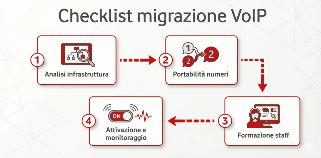 Diagramma step-by-step migrazione VoIP aziendale: verifica infrastruttura, trasferimento numeri, formazione personale, attivazione e monitoraggio, Comunicando