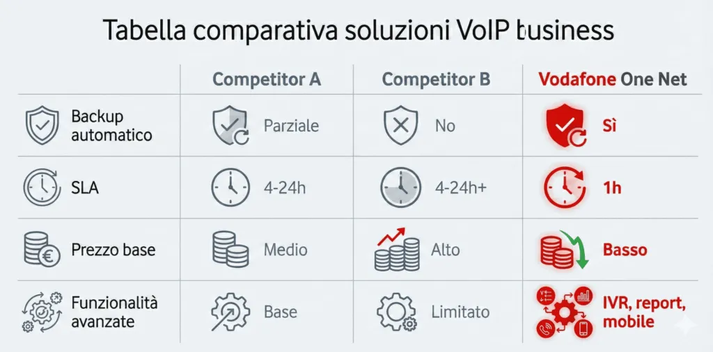 Tabella comparativa grafica tra Vodafone One Net e competitor per soluzioni VoIP business: backup automatico, SLA, prezzo, funzionalità avanzate