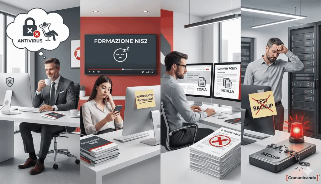 Vignetta errori compliance NIS2: manager pensa basta antivirus, dipendente ignora formazione, tecnico copia policy, IT dimentica test backup, Comunicando