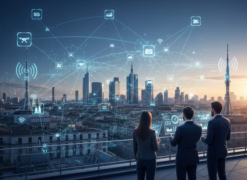 Cos’è il 5G e perché è strategico per le aziende in Italia Skyline di una città italiana moderna con connessioni 5G, imprenditori e icone IoT che rappresentano l’innovazione digitale per le aziende nel 2026.