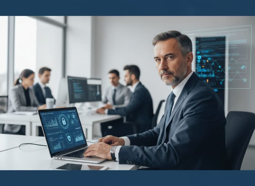 Manager aziendale che analizza dati protetti su laptop in un ufficio moderno, concetto di sovranità digitale per le aziende